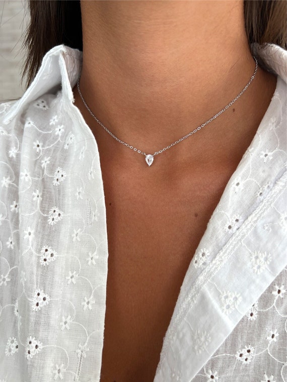 Pear CZ Teardrop Necklace, 925 Sterling Silver Dainty Pendant for