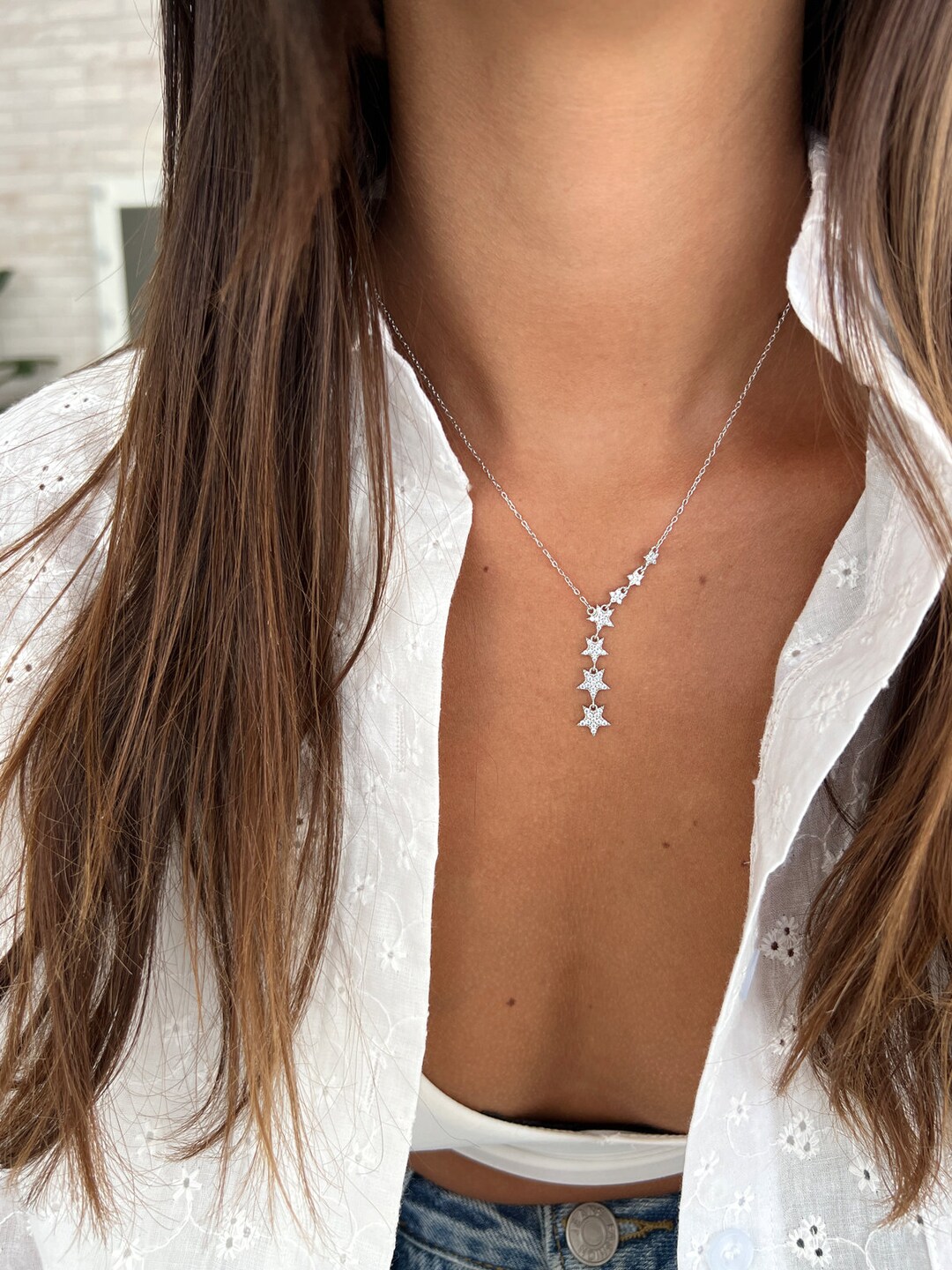 Gold Star Drop Necklace Star Y Necklace CZ Y Necklace Etsy