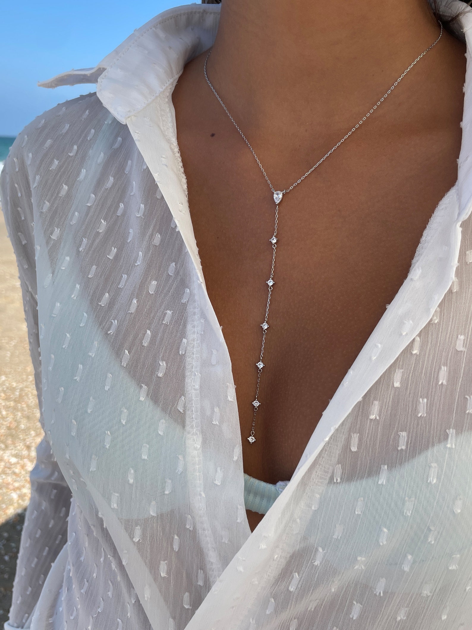 Long Silver Lariat Y Necklace Etsy