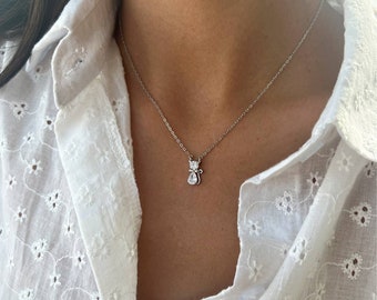 Silver 925 CAT Necklace, white Cz CAT Charm Necklace, Teardrop Necklace, Rose Gold CAT cubic zirconia Pendant Necklace, Animal Jewelry