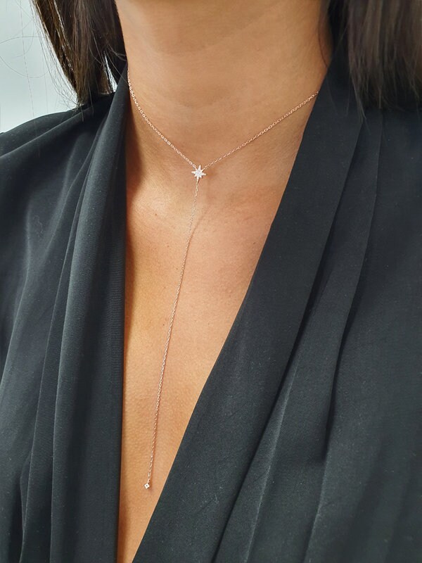 Gold Star Drop Necklace Star Y Necklace CZ Y Necklace Etsy