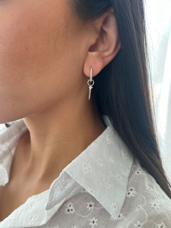 Silver 925 Tennis Earring, Cubic Zirconia Solitaire Hoop