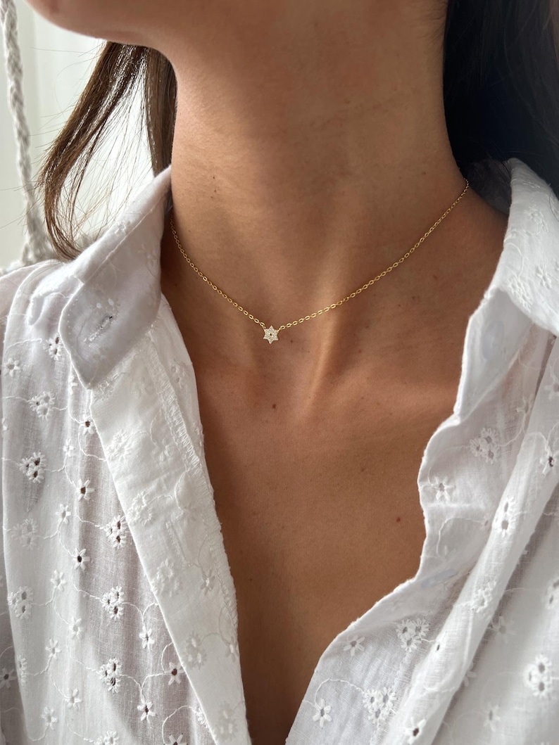 Gold Jewish Star Necklace, 14K Gold over 925 Sterling Silver Star of David Pendant, Tiny Minimalist Magen David Charm Necklace image 3