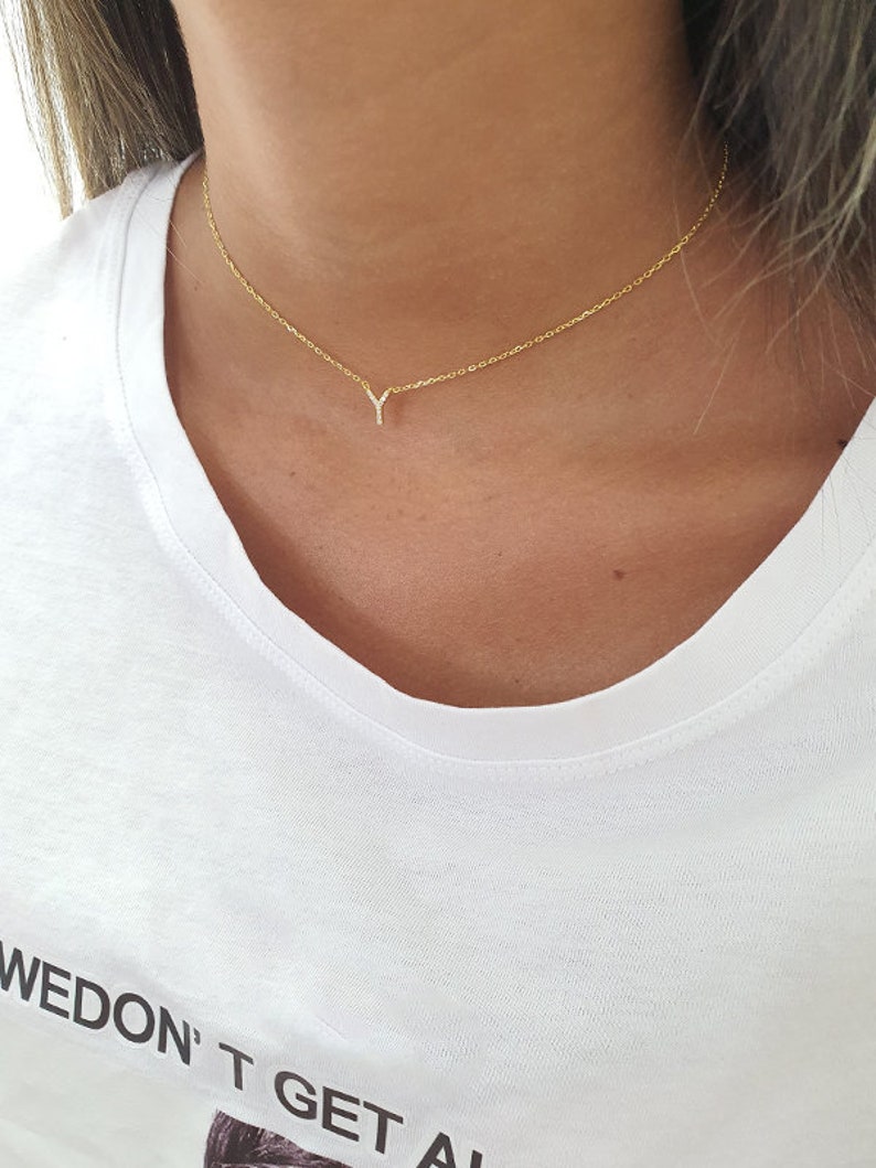 Letter necklace, Choker necklace, Silver sterling 925, gold plated, rose gold plated with CZ, fashion jewelry image 4