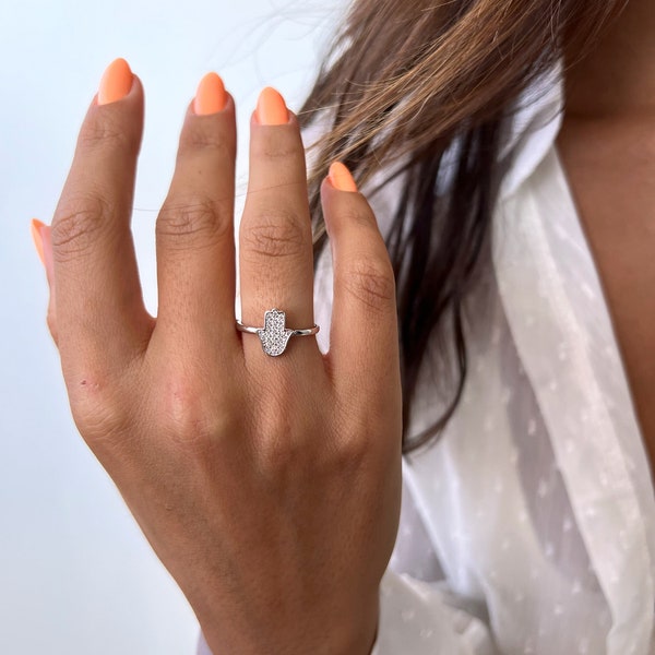 Hamsa Ring, Fatima Hand Ring, Positive Energie Ring, Hamsa Hand Ring, 925 Sterling Silber Ring, Schutz Ring, Hand Gottes Ring