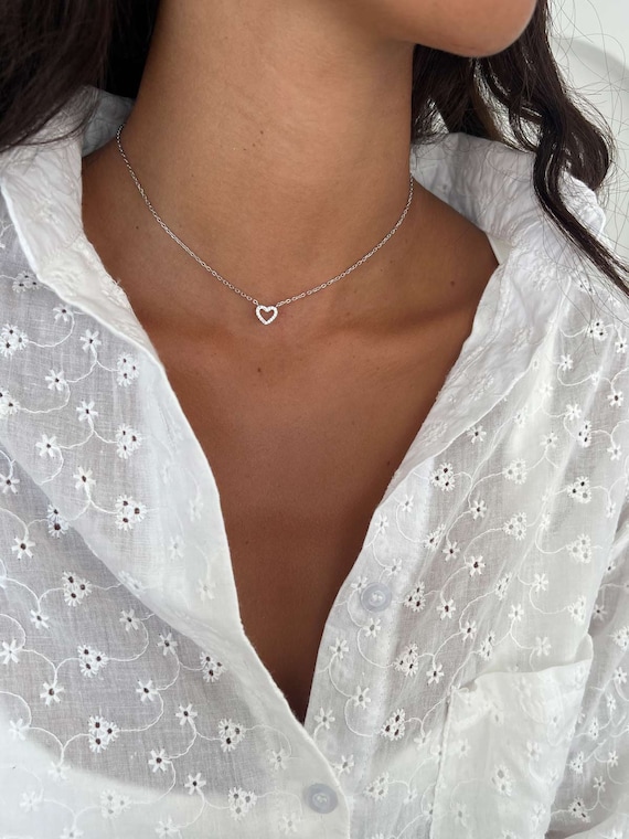 Tiny Heart Choker Necklace, Silver 925 Heart Pendant