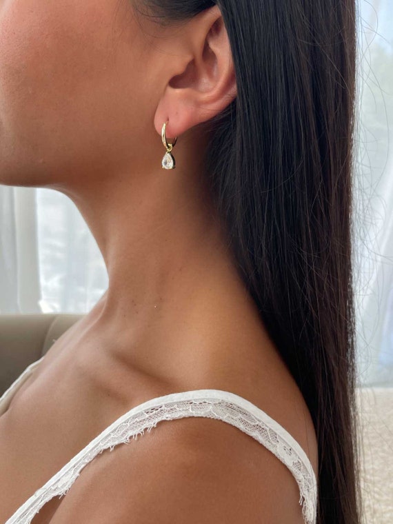 Silver 925 Drop Earring, Pear Cubic Zirconia Drop Hoop Silver 925 Drop Earring, Pear Cubic Zirconia Drop Hoop