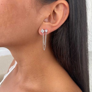 925 Sterling Silver Double-Stud Earring with Solitaire and Floral Design,Double Chain Connected Earring, CZ Trendy earring, Earring 1 Piece