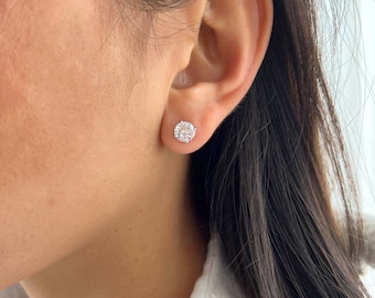 Pendientes de botón redondos de circonita cúbica de 7 mm, pendientes solitario de plata de ley.