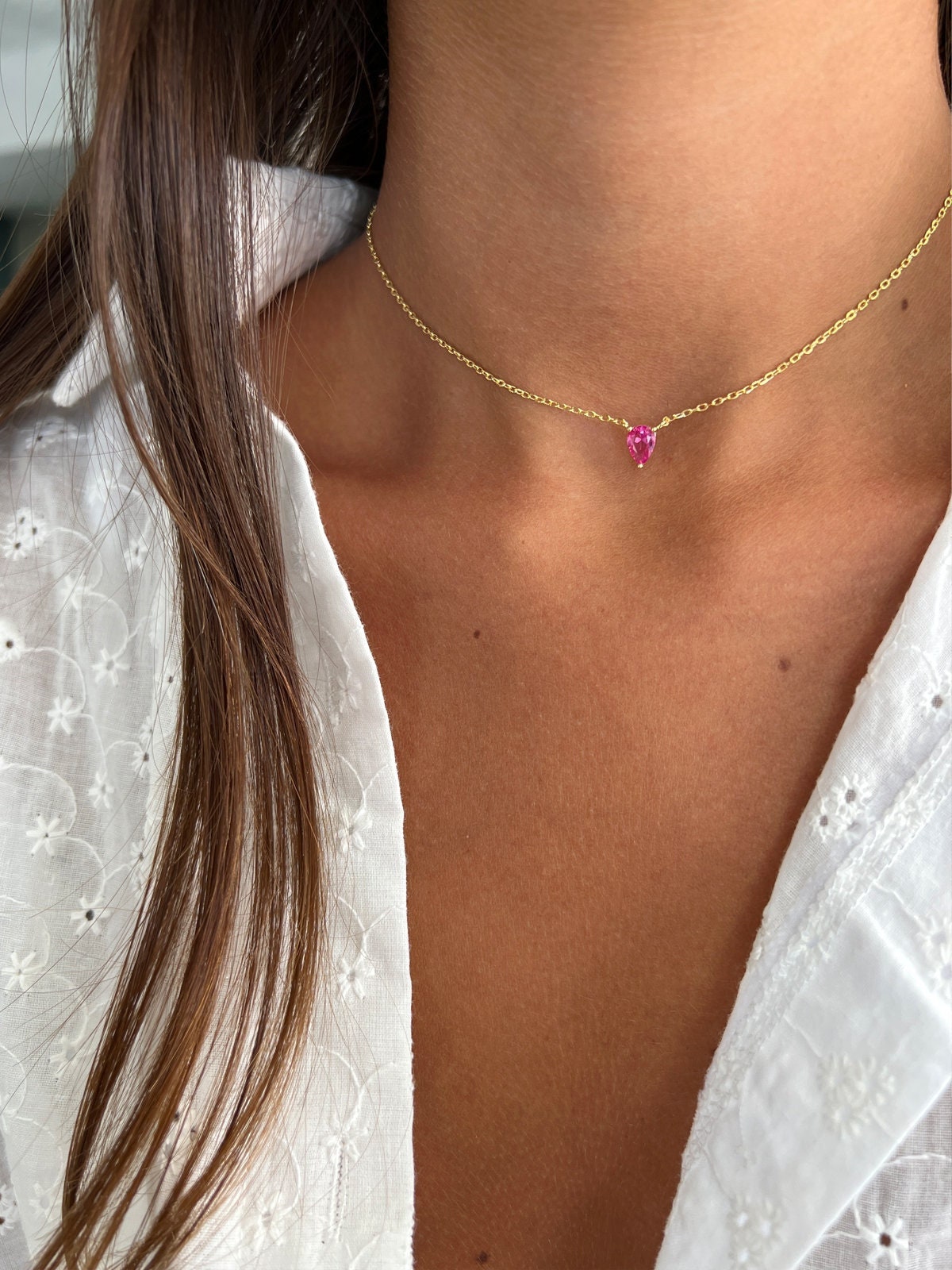 Teardrop Diamond Necklace, Pink Pear Diamond Necklace, Silver 925 choker Necklace, Pink CZ Charm Pendant Necklace, Perfect Gift for Her