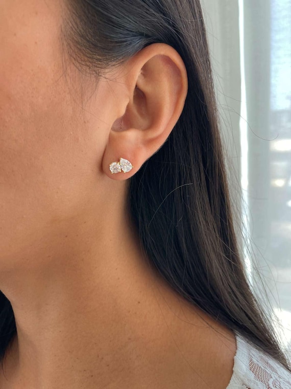 Double Teardrop CZ Stud Earrings, Sterling Silver Pear Cut