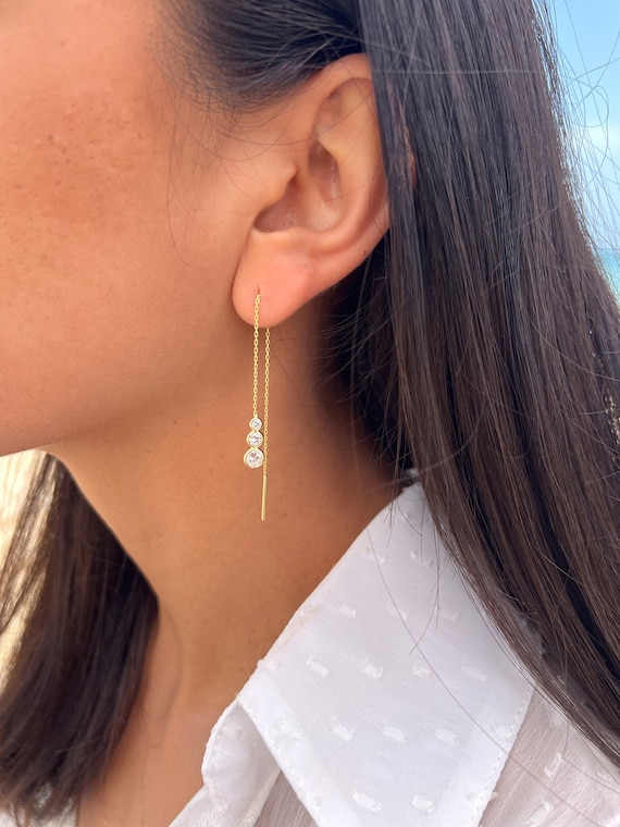 Orecchini Pendente Donna In Argento 925 Con Zirconi, A Forma Di Fiore Con Catenina, Ipoallergenici - 3