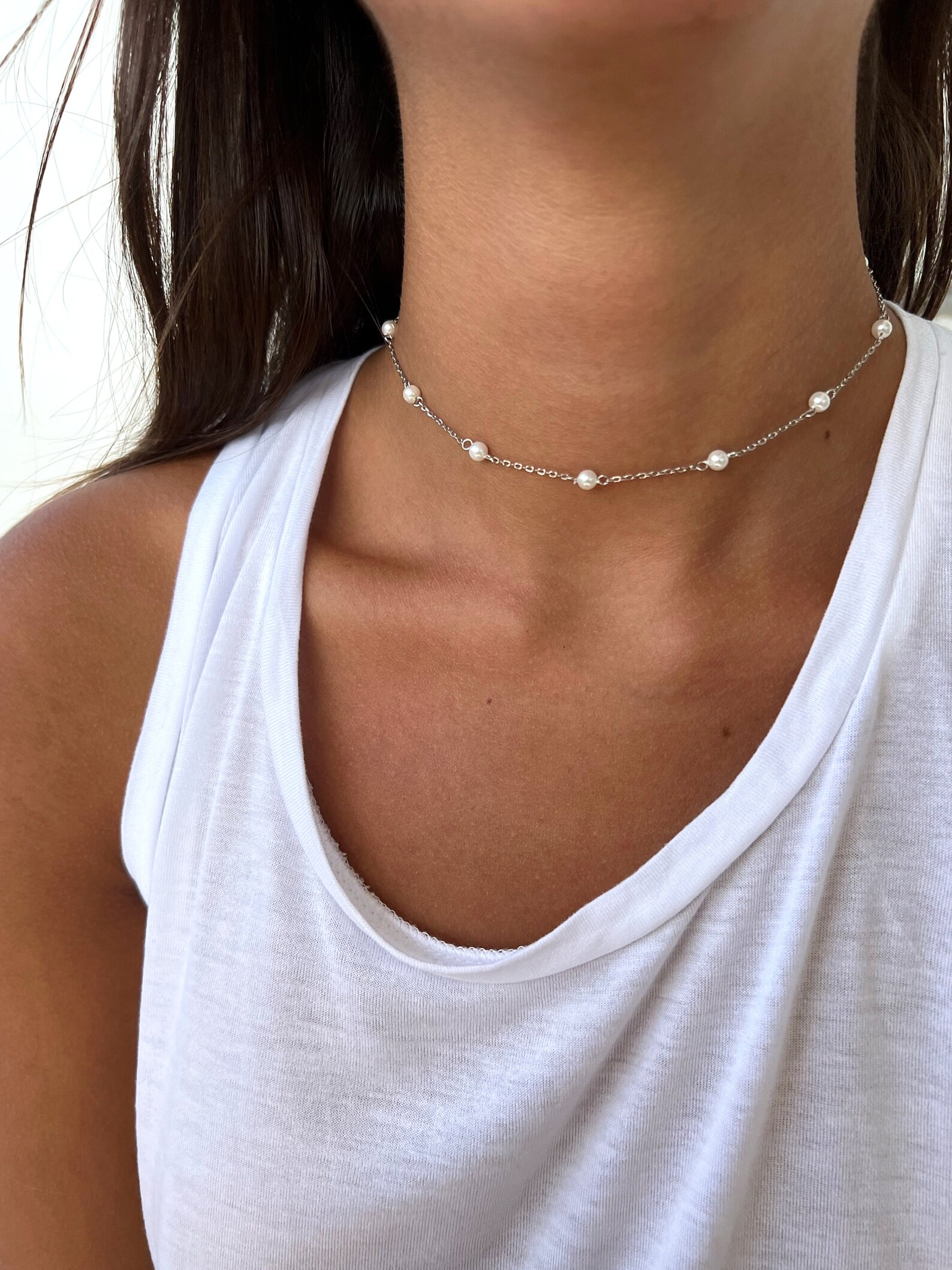 4mm Sterling Silver Pearl Choker - 14 inch