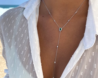 Collier Terdrop en argent 925, lariat poire CZ verte, collier en Y en argent, collier lariat en argent 925, collier en Y larme en argent