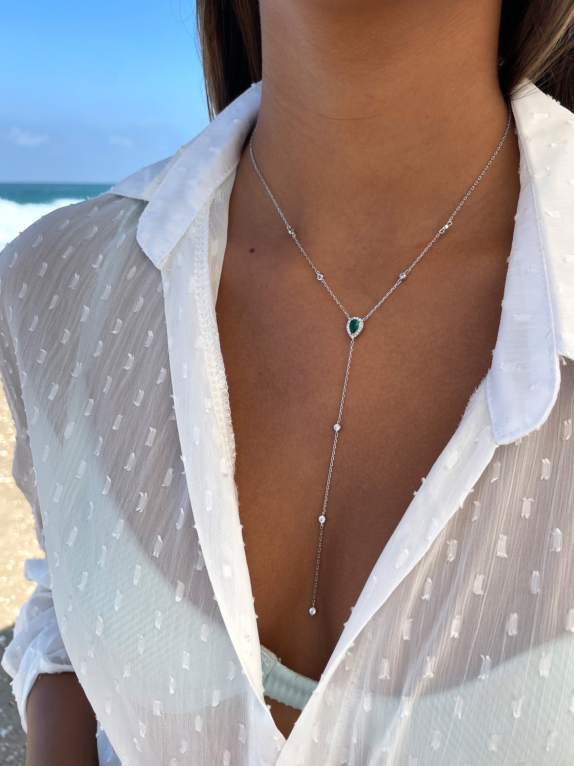 Terdrop Necklace Silver 925, Green CZ Pear Lariat, Y Necklace Silver, Silver 925 Lariat Necklace, Y Necklace Teardrop Silver