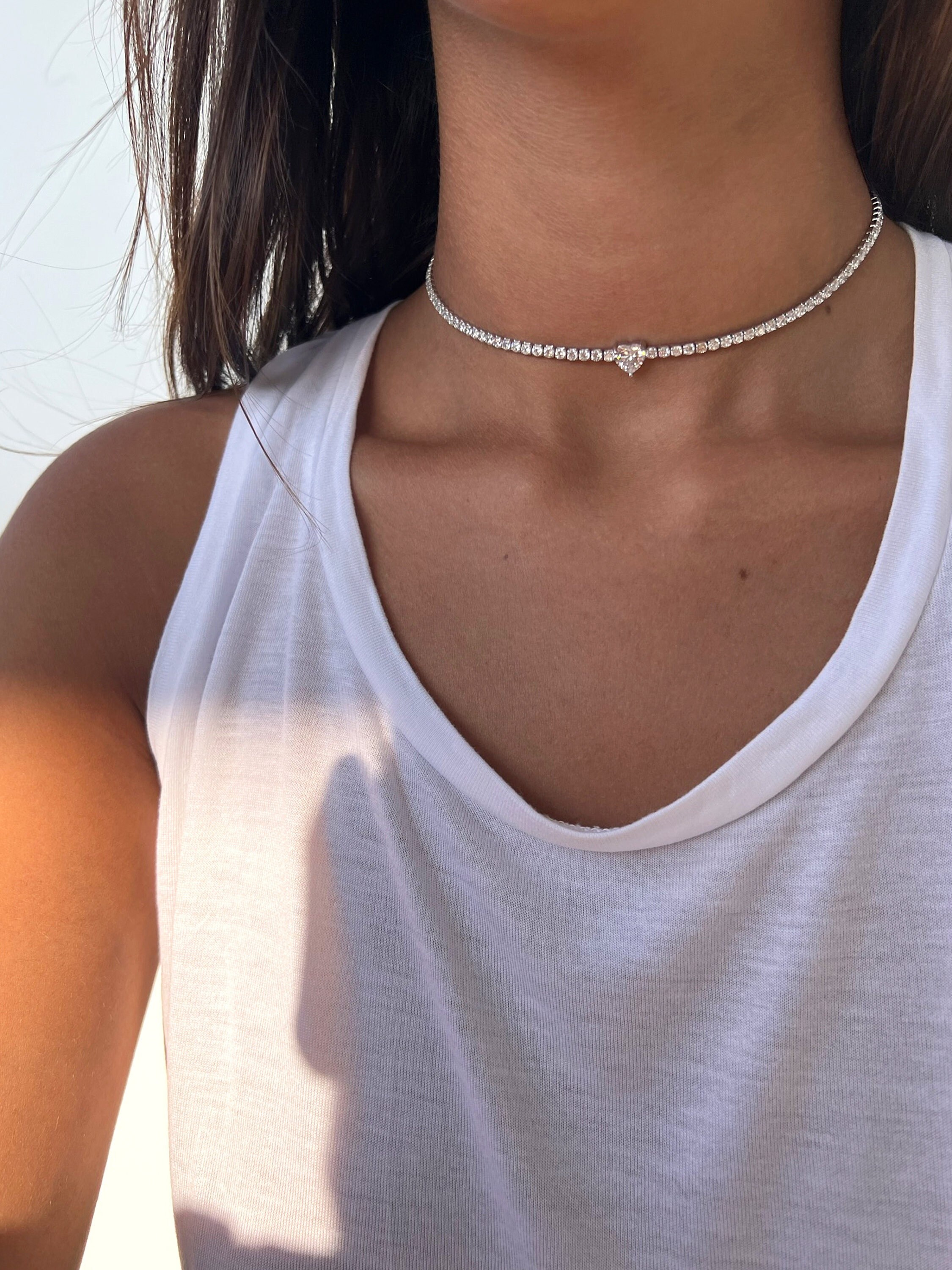 Tennis Necklace Heart Tennis Choker 925 Sterling Silver CZ Etsy