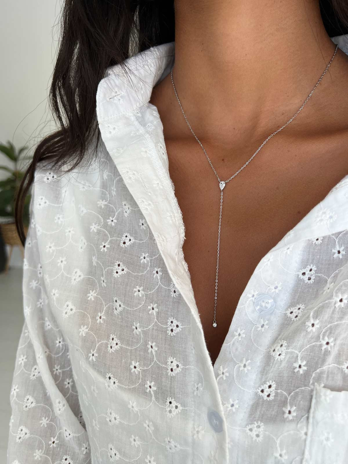 Sterling Silver 925 Teardrop Lariat Necklace, Rose Gold Pear CZ Y