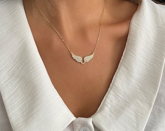 Gold Angel Wing Necklace, Cubic Zirconia, Angel Wings Pendant, 925 Sterling Silver Wings Minimalist Handmade Modern Necklace