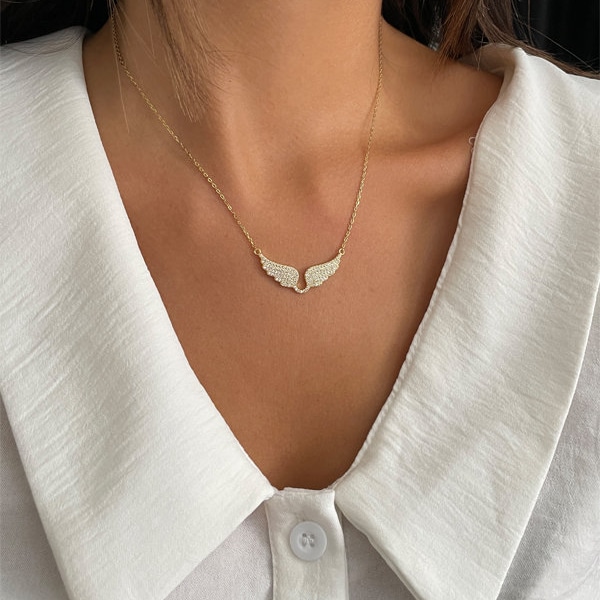 Collier d'aile d'ange d'or, zircone cubique, pendentif d'ailes d'ange, collier moderne fait main minimaliste d'ailes d'argent sterling 925