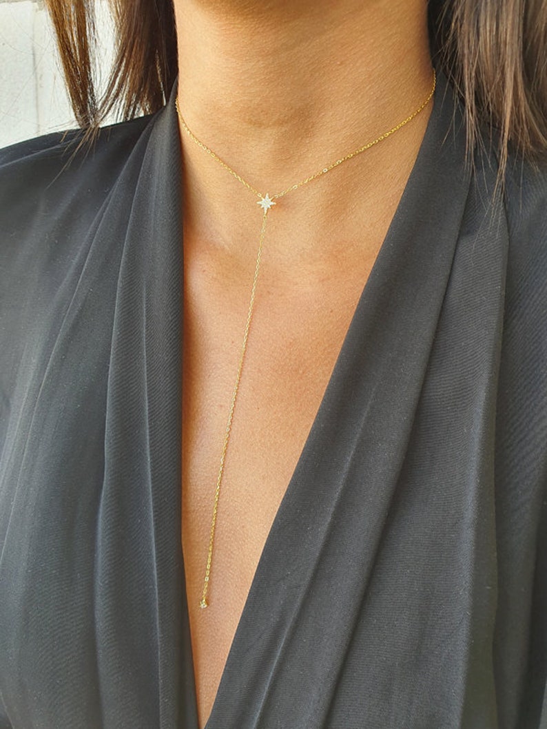 Gold Star Drop Necklace Star Y Necklace CZ Y Necklace Etsy