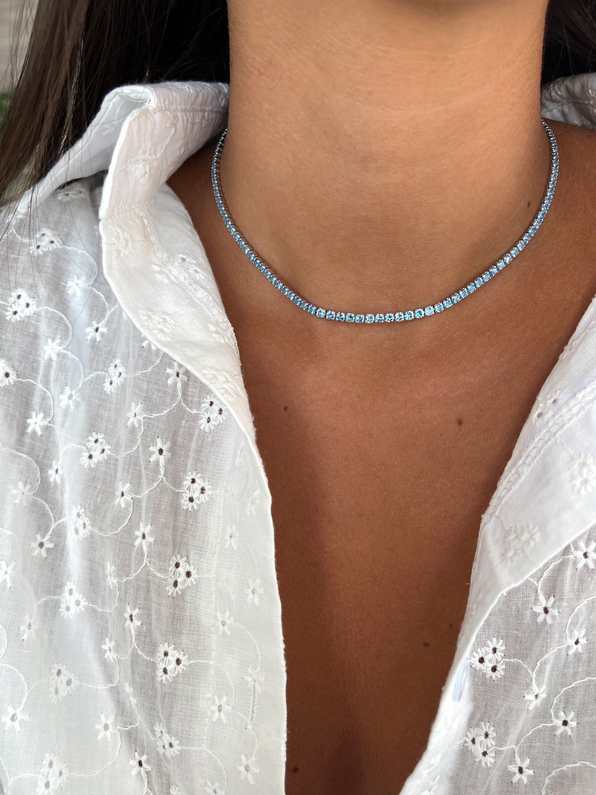 Sterling Silver 925 Tennis Necklace, Light Blue Tennis Choker, 2.5mm CZ Tennis Choker, Blue Cubic Zirconia Tennis Choker, Silver Choker