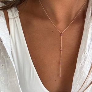 Silver Lariat Necklace, Dainty Y Necklace, Minimalist 14k Gold Lariat, Pink CZ solitaire charms, Sterling Silver Long Necklace, Gift for Her