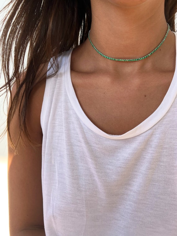 Tennis Necklace Silver 925, Emerald Green CZ Tennis Choker