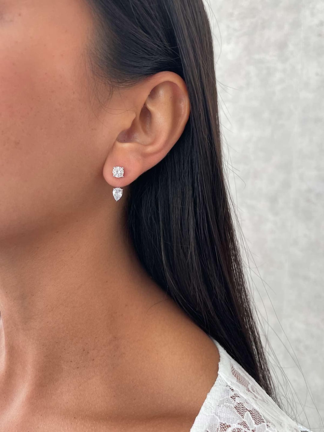 Ear Jacket Earrings Silver 925, Solitaire Front Back Earrings