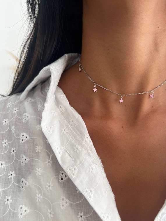Silver 925 Choker Necklace, Dainty Pink Stars Charms Necklace, Rose Gold  drop Stars pendant Necklace, Sterling Silver Star Necklace
