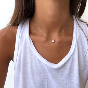 Diamond Necklace, Minimalist Sterling Silver 925 Choker CZ Solitaire Pendant Necklace, Dainty 14k Gold Charm Necklace for Women