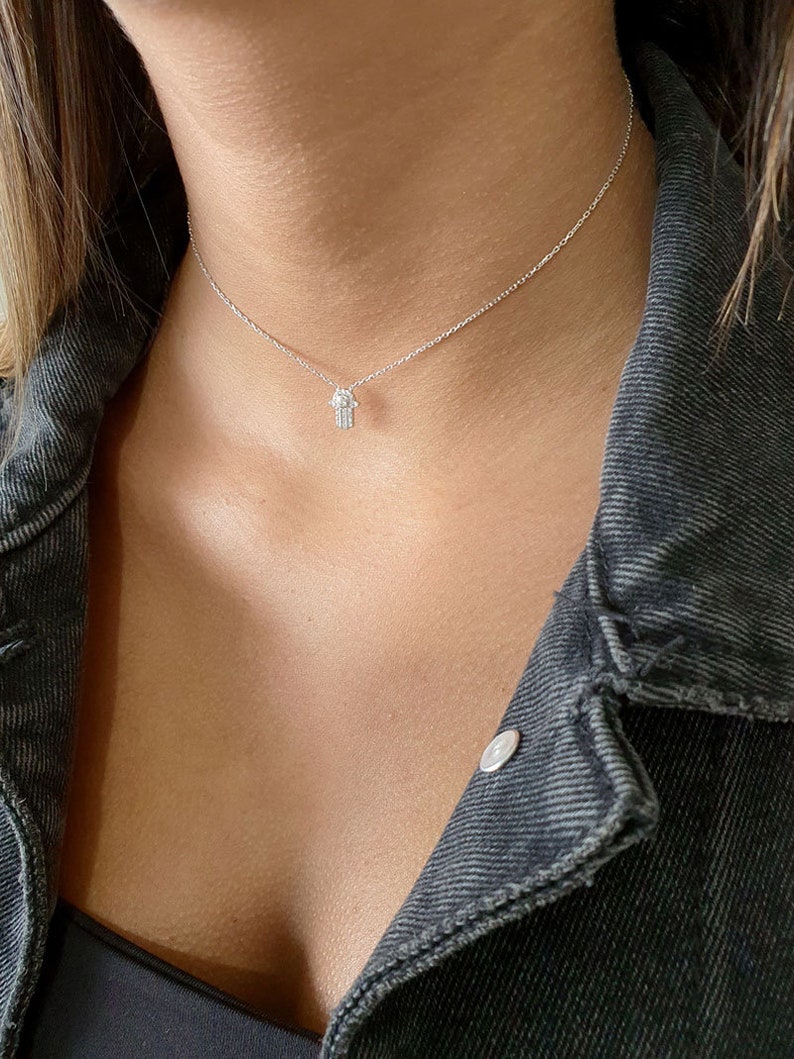 Lucky Necklace Silver Hamsa Choker Necklace Hand Of God Hand Of Fatime Evil Eye Choker Necklace Good Luck Charm Silver Hand Necklace