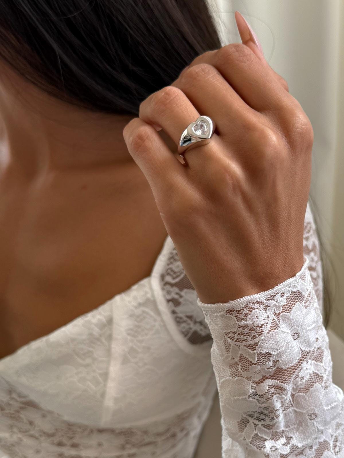 Heart CZ Signet Ring, Sterling Silver Romantic Statement Ring