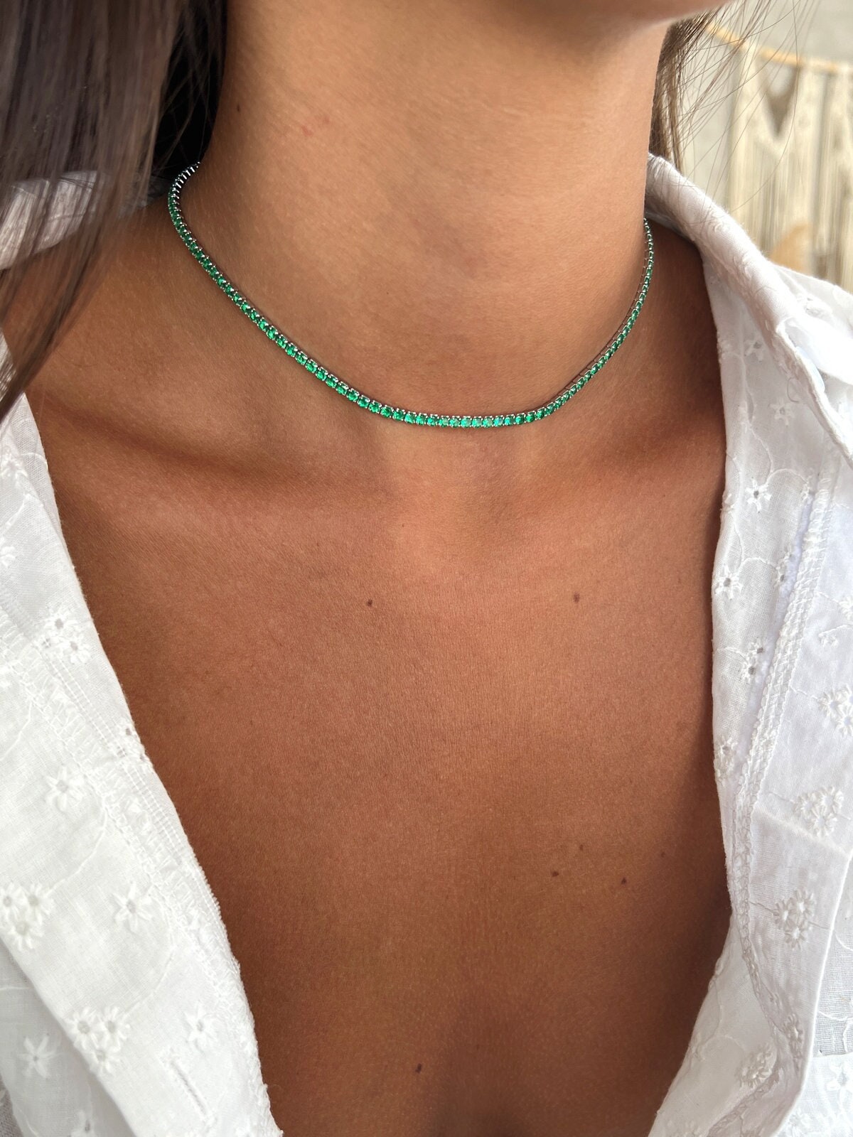 Tennis Necklace Silver 925, Emerald Green CZ Tennis Choker Tennis Necklace Silver 925, Emerald Green CZ Tennis Choker
