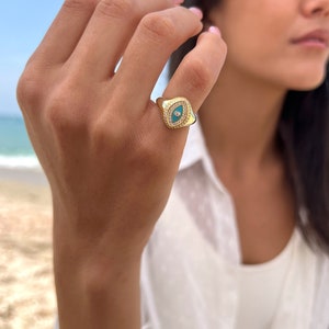 Gold Signet Pinky Ring, Turquoise Evil Eye Ring, 925 Sterling Silver Statement Ring, Open Ring, Little Finger Adjastble Ring