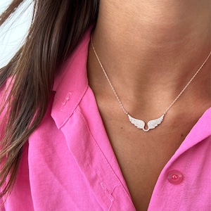 Collar de alas de ángel de plata con delicado circonita cúbica, colgante minimalista de ángel, elegante y moderno, hecho a mano. imagen 8