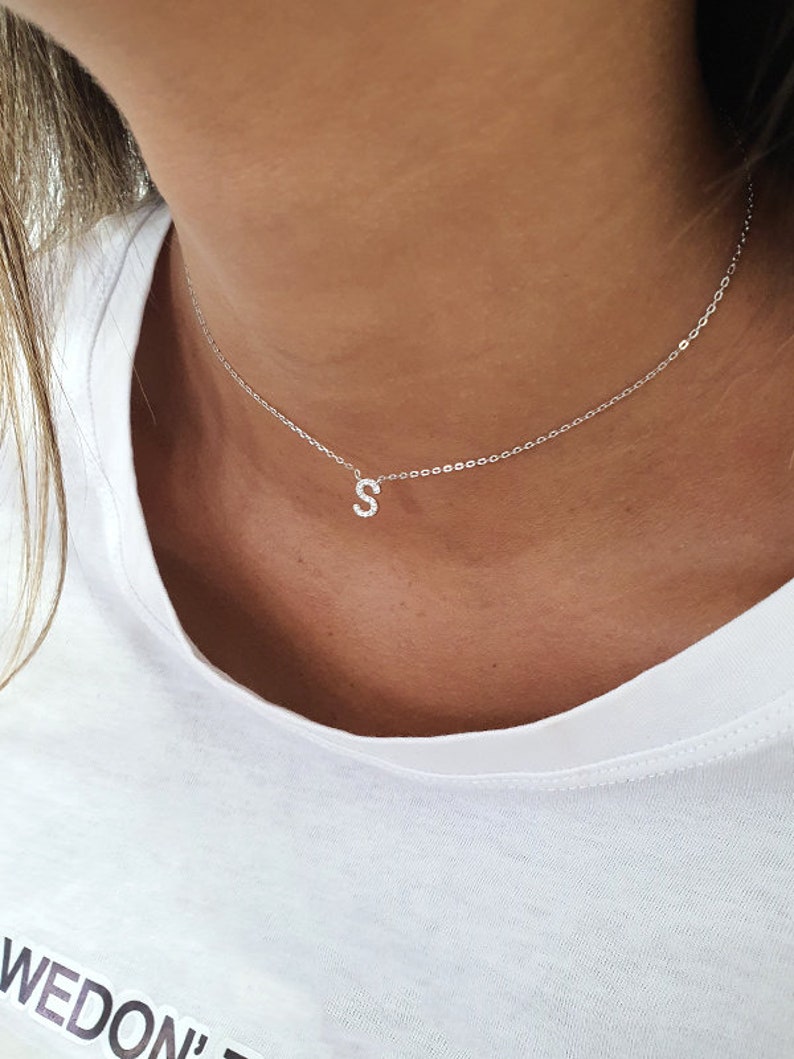 Letter necklace, Choker necklace, Silver sterling 925, gold plated, rose gold plated with CZ, fashion jewelry zdjęcie 9