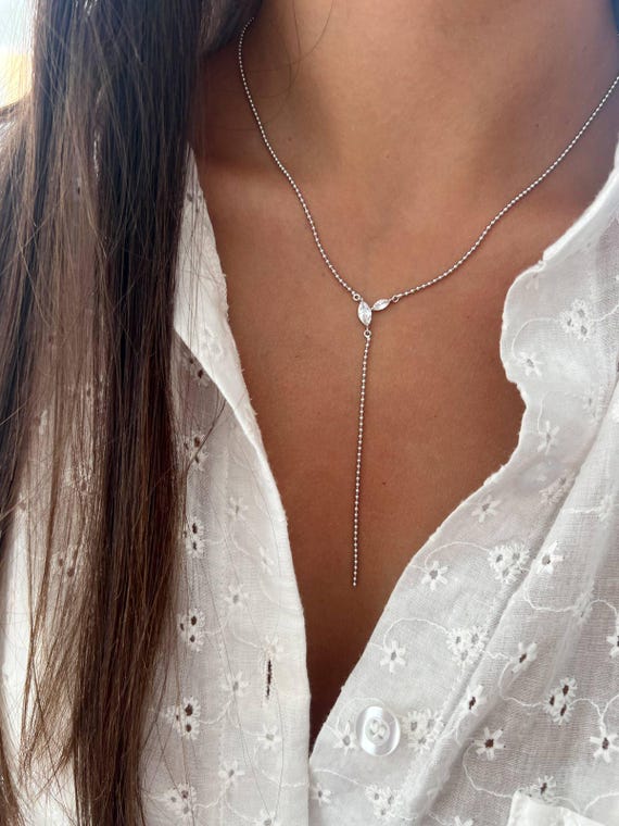 Sterling Silver 925 Lariat Necklace, Falling Marquise Necklace
