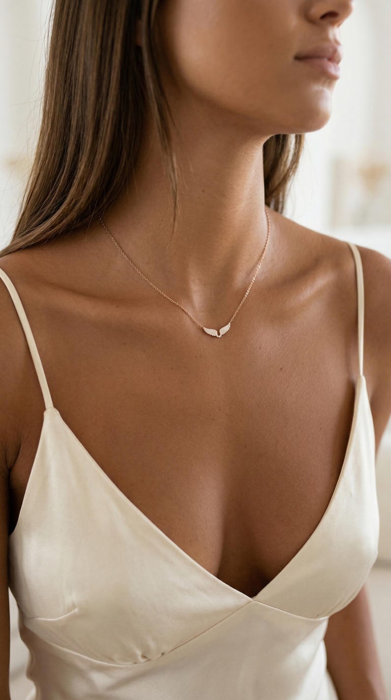 May include: A delicate gold necklace featuring a small wing pendant with sparkling accents. The necklace is worn on a person's neck, against a cream-colored top. The jewelry is a subtle yet elegant accessory.