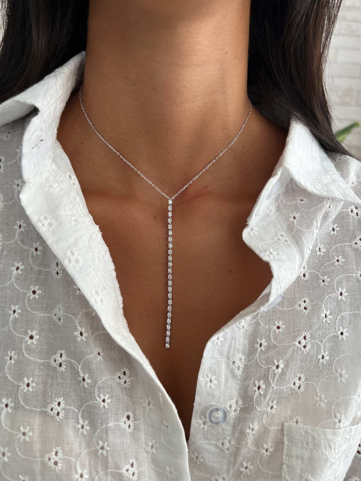 Lariat Tennis Necklace, Sterling Silver 925 CZ Drop Y Necklace