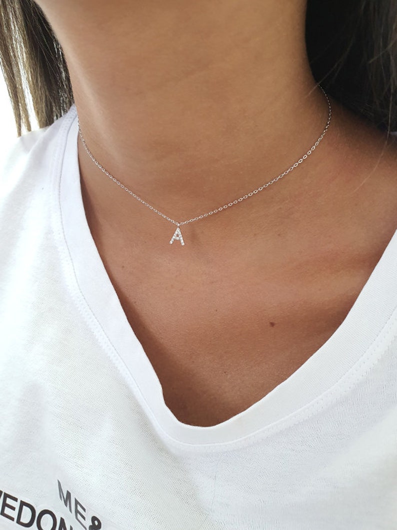 Letter necklace, Choker necklace, Silver sterling 925, gold plated, rose gold plated with CZ, fashion jewelry zdjęcie 2