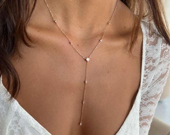 CZ Diamond Lariat Necklace, Sterling Silver Y Drop Chain, Wedding Jewelry