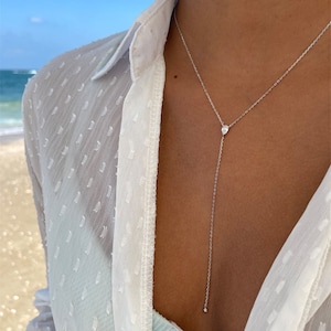 Silver 925 Long Necklace, Cubic Zirconia Pear Lariat Y Necklace Teardrop, Minimalist Silver Lariat Chain Necklace, CZ Y Chain Necklace