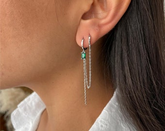 Silver Double Hoop Earring, Green Cubic Zirconia Long Drop Chain Earring, Green Emerald CZ Earrings, Rose Gold Hoops Earrings, Single Piece