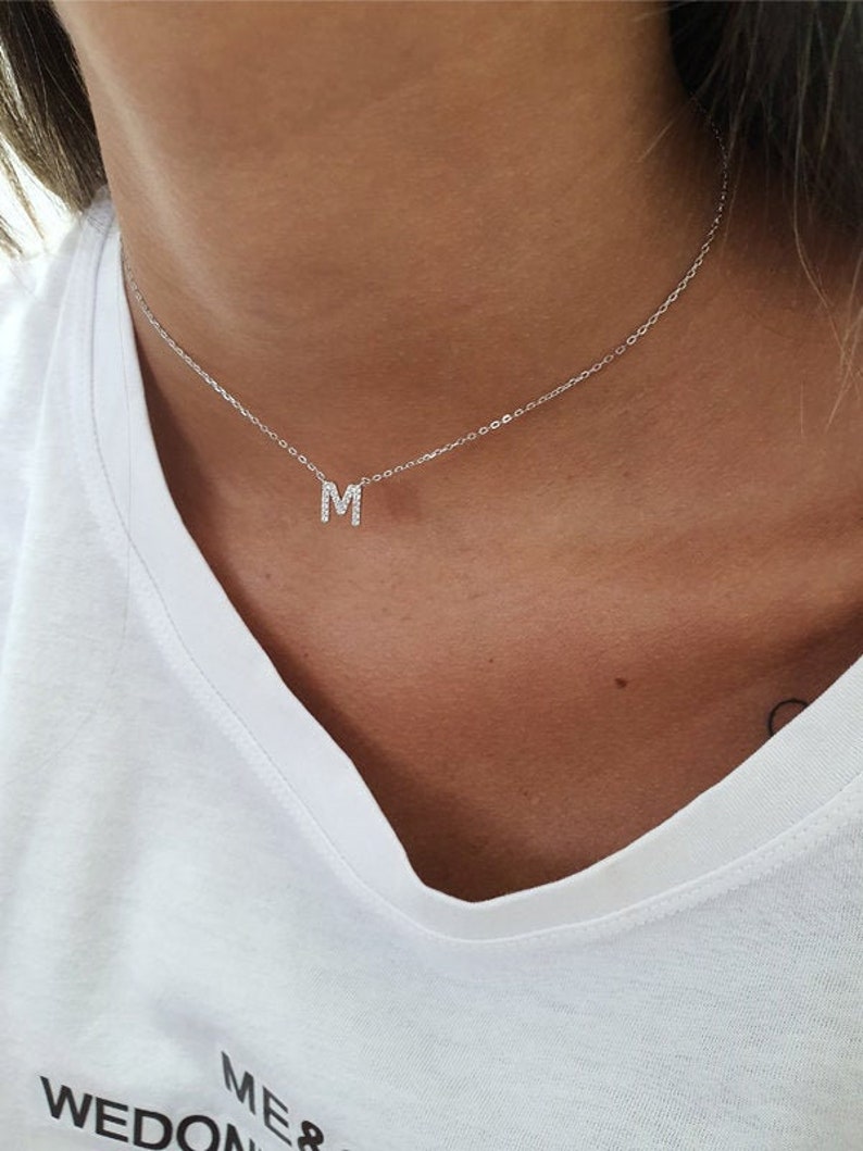 Letter necklace, Choker necklace, Silver sterling 925, gold plated, rose gold plated with CZ, fashion jewelry image 1