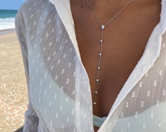 Collier Long en Argent 925, Poire Lariat Zircone Cubique Lariat Y Collier Larme Argent Élégant Minimaliste