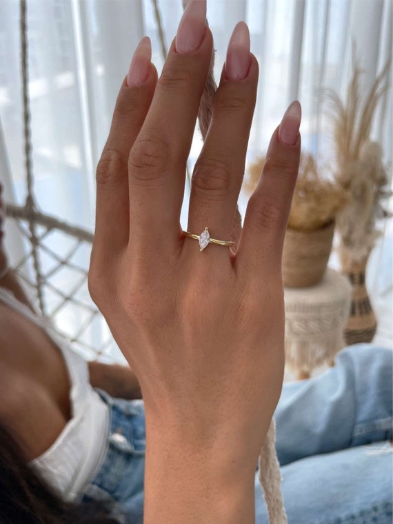 Silver 925 Marquise Ring, CZ Marquise cut Ring, 14k Gold Solitaire Ring, Cubic Zirconia Sparkling Marquise-Cut Solitaire Zircon Ring