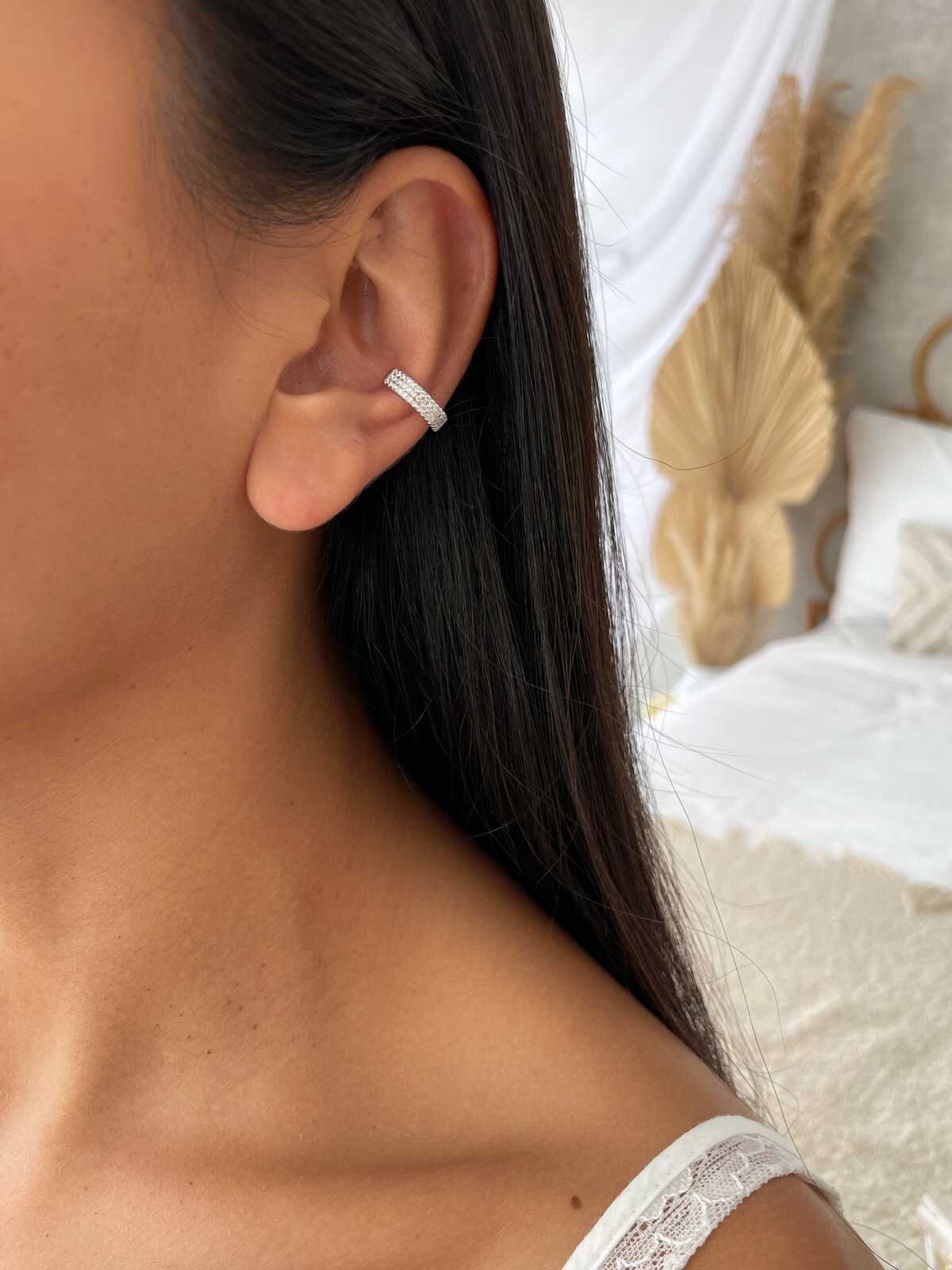 ◆STONEHENgE◆ Silver Pearl Single Ear Cuff Thick 925 Silver Ear Cuff With Sparkling Zirconia – Trendy