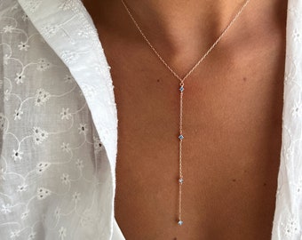 Lariat Y Necklace, Dainty Necklace, Minimalist, Gold Lariat, Blue CZ, Bridal Necklace, Gift for Her