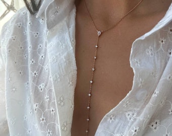 Silver 925 Laiat Necklace, Teardrop Lariat Y drop Necklace, Rose Gold Tie Long Necklace, Sterling Silver Y Laiat Necklace Cubic zirconia