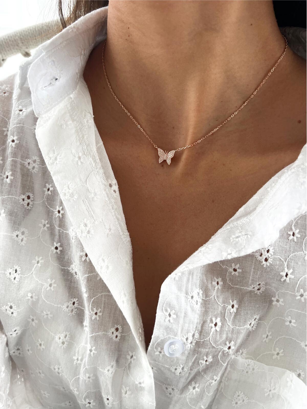 Butterfly Pendant Necklace, Silver 925 Choker CZ Butterfly Charm Necklace, Rose Gold Chain with Cubic zirconia Butterfly Necklace for women